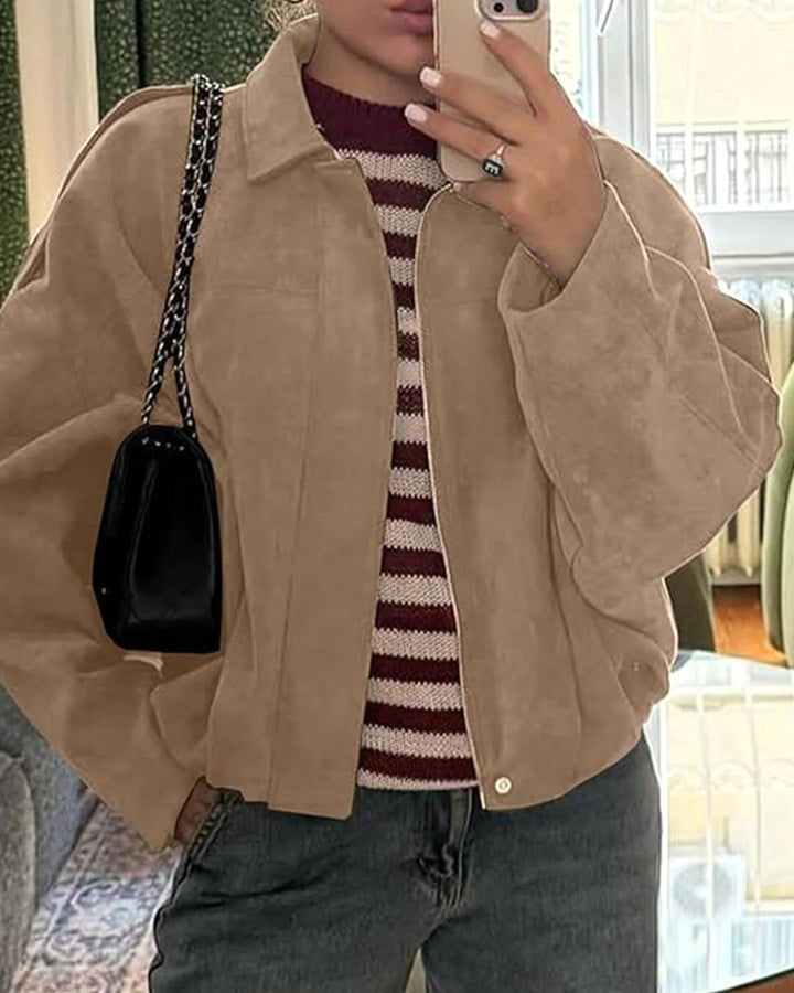Josette | Women's Faux Suede Collared Bomber Jacket, Structured Collar Jacket | The Dress Cellar