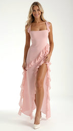 Julia | Women's Ruffled Maxi Dress, Front Slit Evening Dress | The Dress Cellar