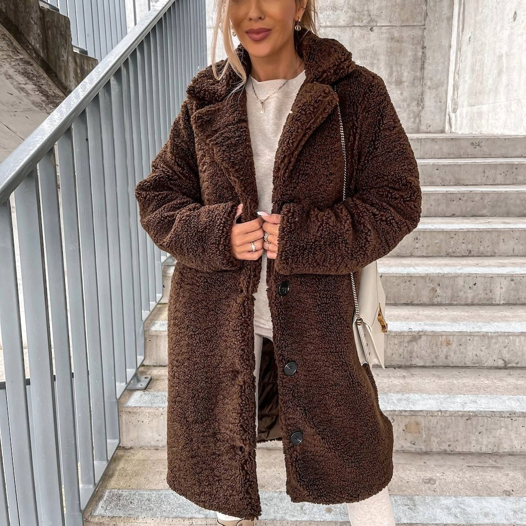 Juliette | Women's Oversized Teddy Long Coat, Soft Texture Autumn Coat | The Dress Cellar | Dark Brown