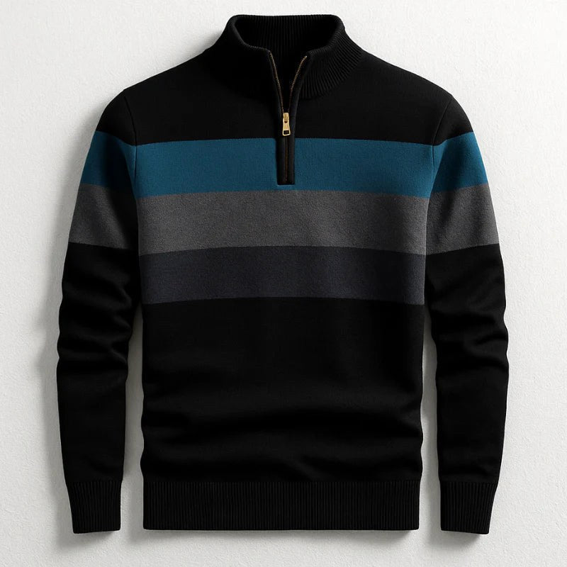 Justin | Men's Striped Cotton Jumper, Crew Neck Pullover | The Dress Cellar | Black