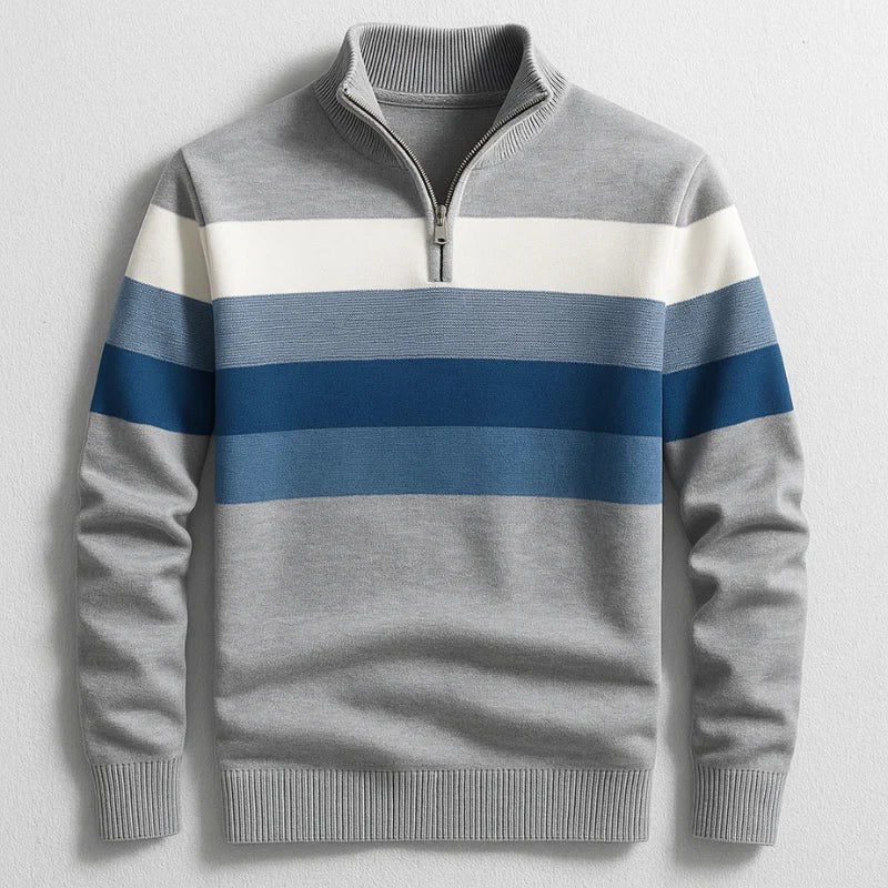 Justin | Men's Striped Cotton Jumper, Crew Neck Pullover | The Dress Cellar | Grey