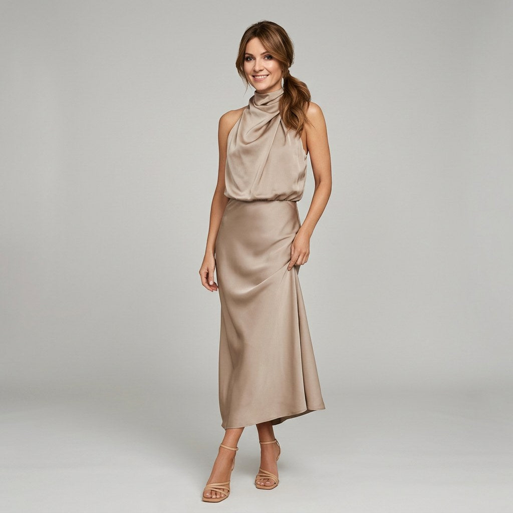 Karen | Draped Midi Dress with Wrap-Style Bodice and High Neckline, Sleeveless Evening Dress | The Dress Cellar