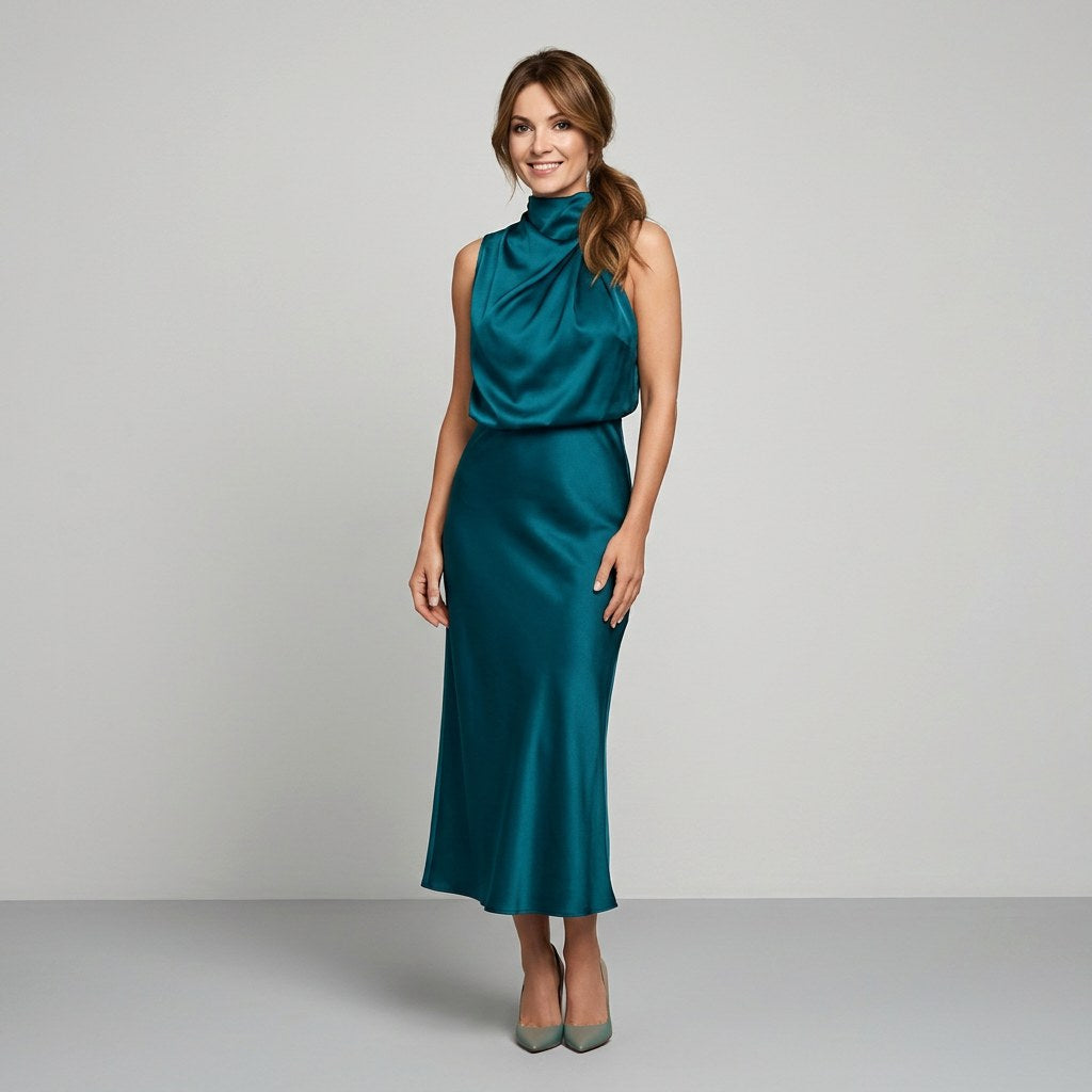 Karen | Draped Midi Dress with Wrap-Style Bodice and High Neckline, Sleeveless Evening Dress | The Dress Cellar