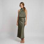 Karen | Draped Midi Dress with Wrap-Style Bodice and High Neckline, Sleeveless Evening Dress | The Dress Cellar