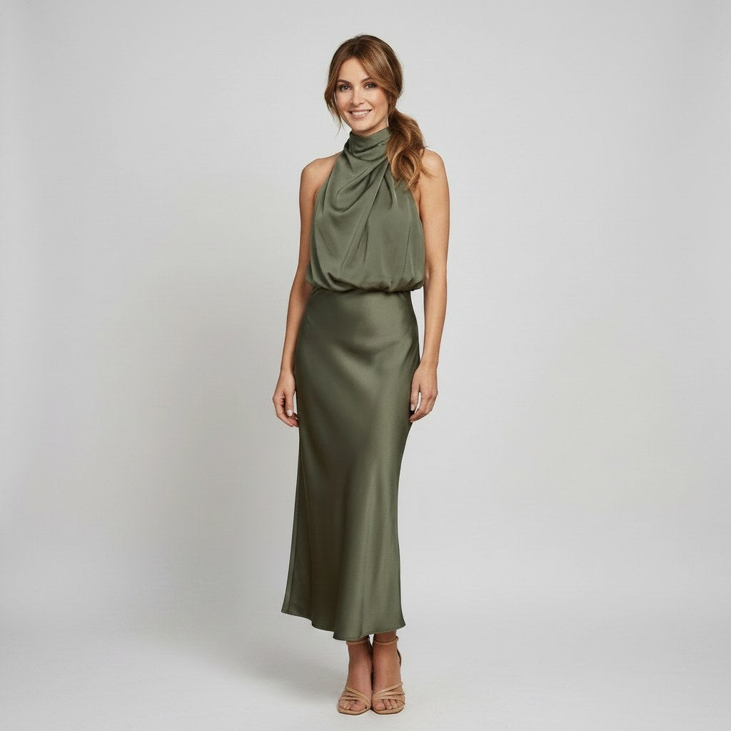 Karen | Draped Midi Dress with Wrap-Style Bodice and High Neckline, Sleeveless Evening Dress | The Dress Cellar
