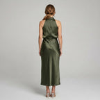 Karen | Draped Midi Dress with Wrap-Style Bodice and High Neckline, Sleeveless Evening Dress | The Dress Cellar