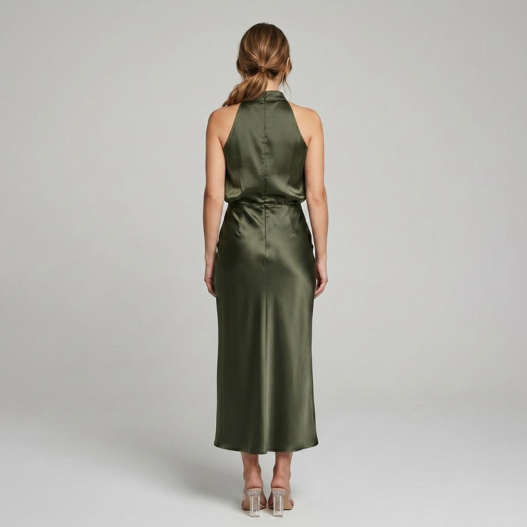 Karen | Draped Midi Dress with Wrap-Style Bodice and High Neckline, Sleeveless Evening Dress | The Dress Cellar