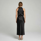 Karen | Draped Midi Dress with Wrap-Style Bodice and High Neckline, Sleeveless Evening Dress | The Dress Cellar