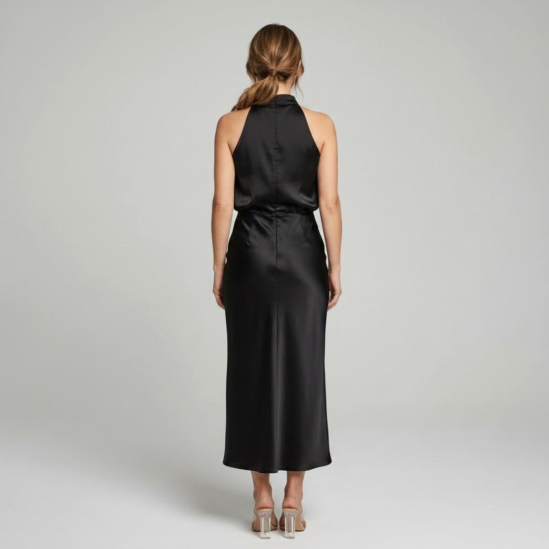 Karen | Draped Midi Dress with Wrap-Style Bodice and High Neckline, Sleeveless Evening Dress | The Dress Cellar