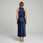 Karen | Draped Midi Dress with Wrap-Style Bodice and High Neckline, Sleeveless Evening Dress | The Dress Cellar