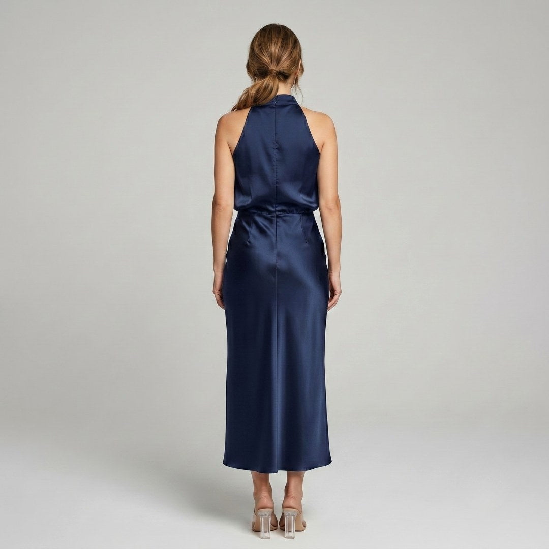 Karen | Draped Midi Dress with Wrap-Style Bodice and High Neckline, Sleeveless Evening Dress | The Dress Cellar