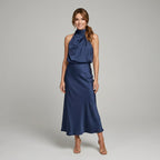 Karen | Draped Midi Dress with Wrap-Style Bodice and High Neckline, Sleeveless Evening Dress | The Dress Cellar