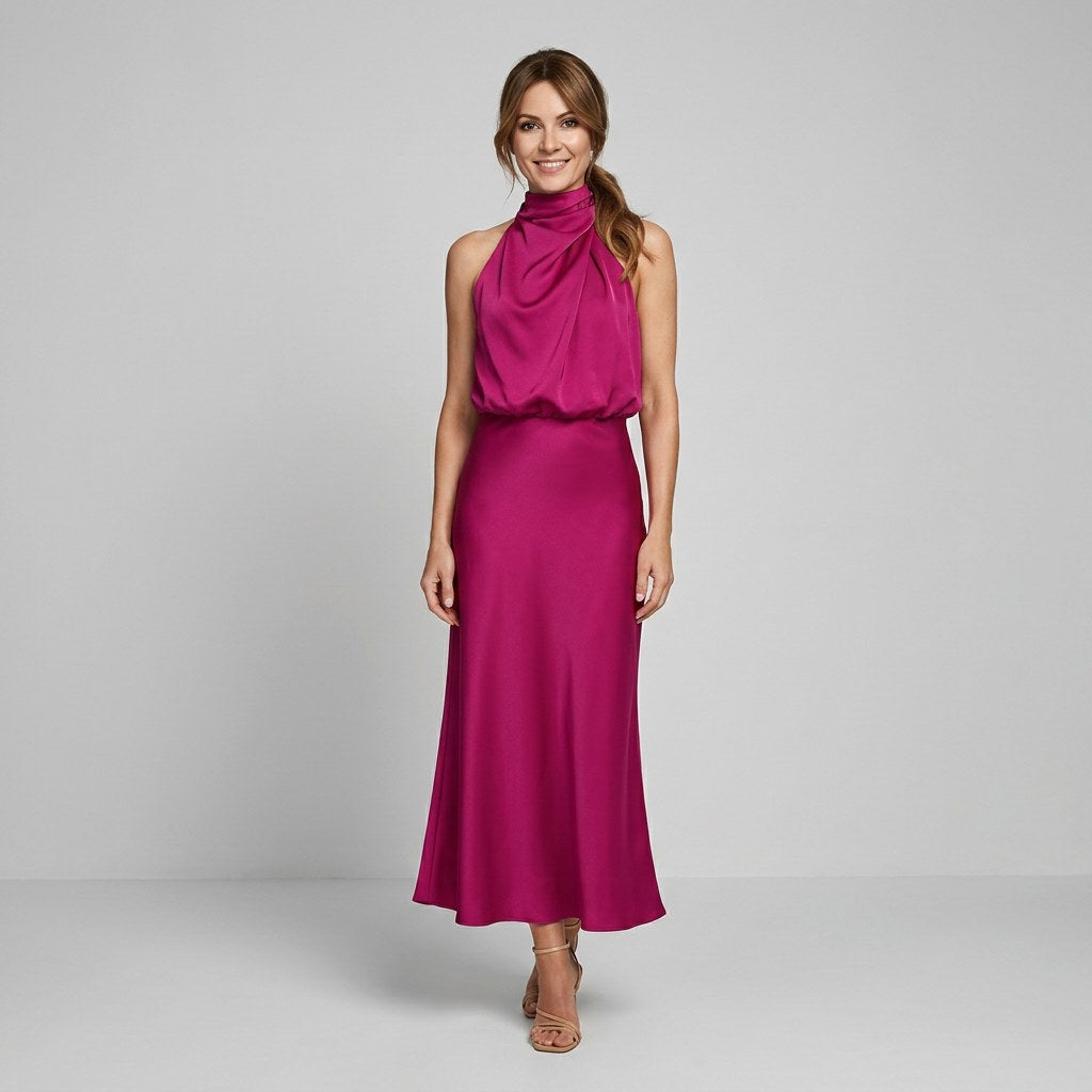 Karen | Draped Midi Dress with Wrap-Style Bodice and High Neckline, Sleeveless Evening Dress | The Dress Cellar