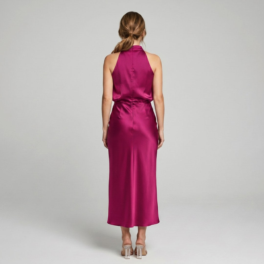 Karen | Draped Midi Dress with Wrap-Style Bodice and High Neckline, Sleeveless Evening Dress | The Dress Cellar