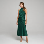 Karen | Draped Midi Dress with Wrap-Style Bodice and High Neckline, Sleeveless Evening Dress | The Dress Cellar
