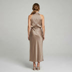 Karen | Draped Midi Dress with Wrap-Style Bodice and High Neckline, Sleeveless Evening Dress | The Dress Cellar