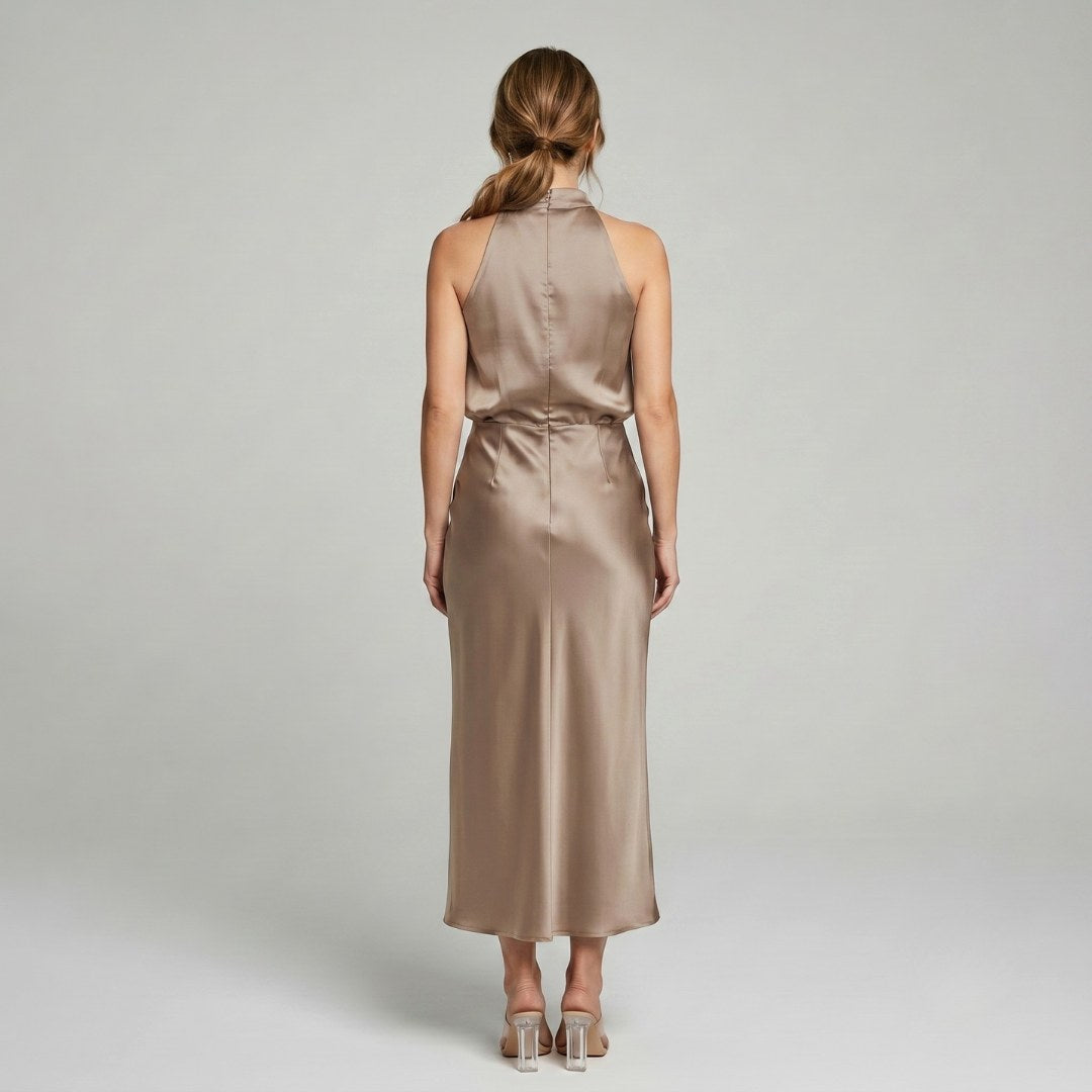 Karen | Draped Midi Dress with Wrap-Style Bodice and High Neckline, Sleeveless Evening Dress | The Dress Cellar