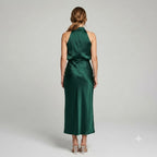 Karen | Draped Midi Dress with Wrap-Style Bodice and High Neckline, Sleeveless Evening Dress | The Dress Cellar