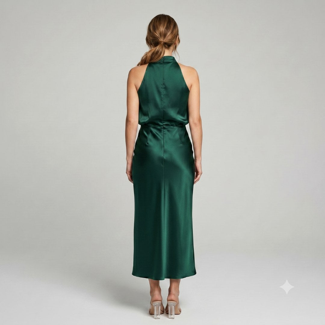 Karen | Draped Midi Dress with Wrap-Style Bodice and High Neckline, Sleeveless Evening Dress | The Dress Cellar