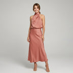 Karen | Draped Midi Dress with Wrap-Style Bodice and High Neckline, Sleeveless Evening Dress | The Dress Cellar
