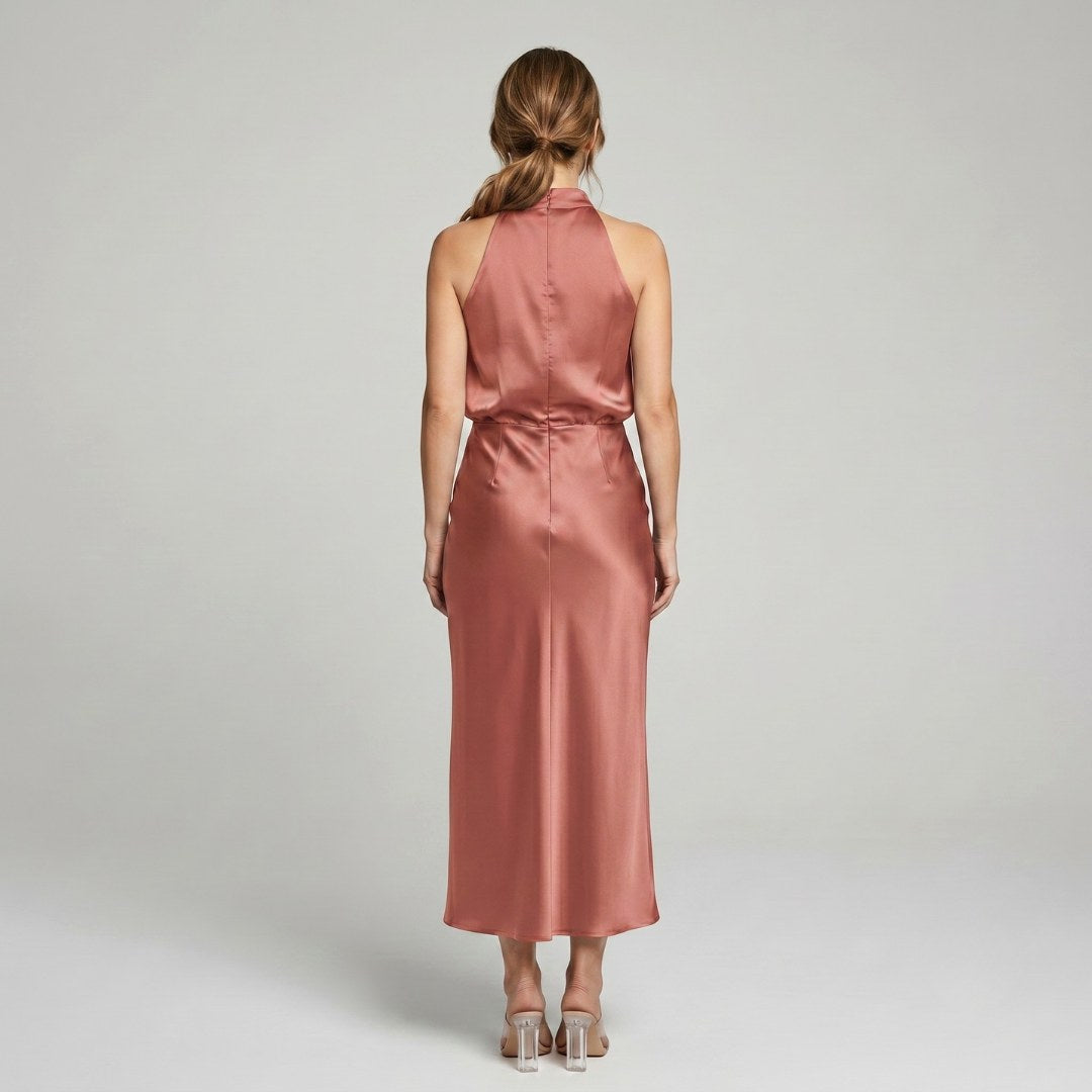 Karen | Draped Midi Dress with Wrap-Style Bodice and High Neckline, Sleeveless Evening Dress | The Dress Cellar