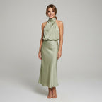 Karen | Draped Midi Dress with Wrap-Style Bodice and High Neckline, Sleeveless Evening Dress | The Dress Cellar