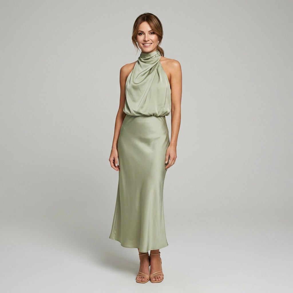 Karen | Draped Midi Dress with Wrap-Style Bodice and High Neckline, Sleeveless Evening Dress | The Dress Cellar