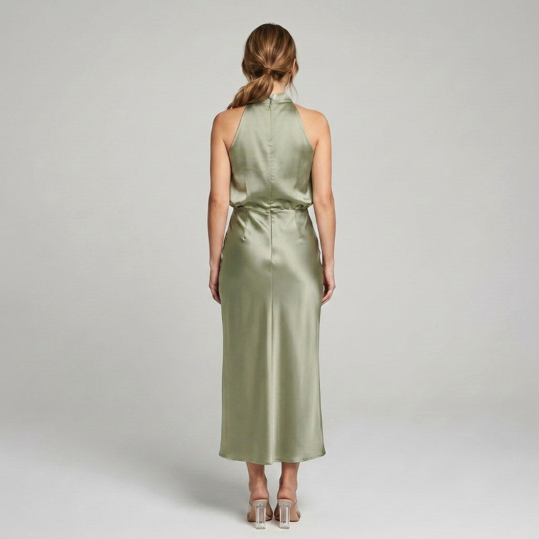 Karen | Draped Midi Dress with Wrap-Style Bodice and High Neckline, Sleeveless Evening Dress | The Dress Cellar