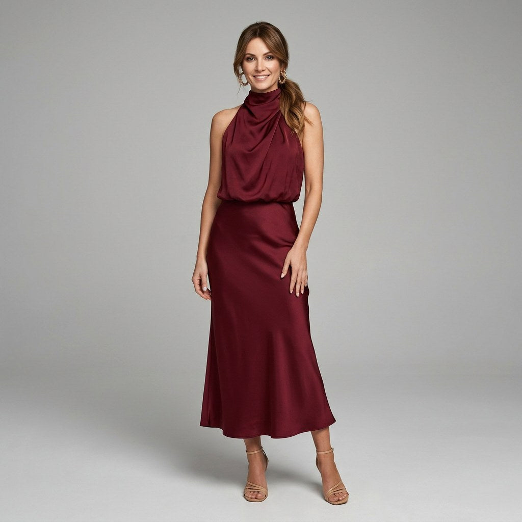 Karen | Draped Midi Dress with Wrap-Style Bodice and High Neckline, Sleeveless Evening Dress | The Dress Cellar