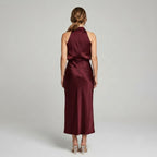 Karen | Draped Midi Dress with Wrap-Style Bodice and High Neckline, Sleeveless Evening Dress | The Dress Cellar