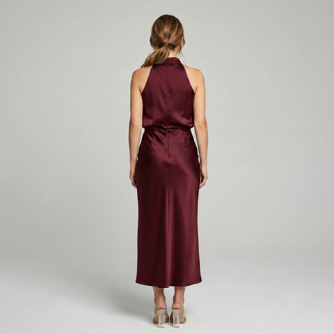 Karen | Draped Midi Dress with Wrap-Style Bodice and High Neckline, Sleeveless Evening Dress | The Dress Cellar