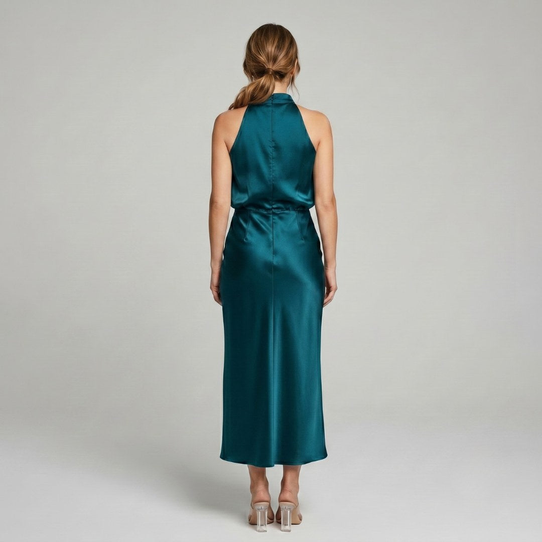 Karen | Draped Midi Dress with Wrap-Style Bodice and High Neckline, Sleeveless Evening Dress | The Dress Cellar