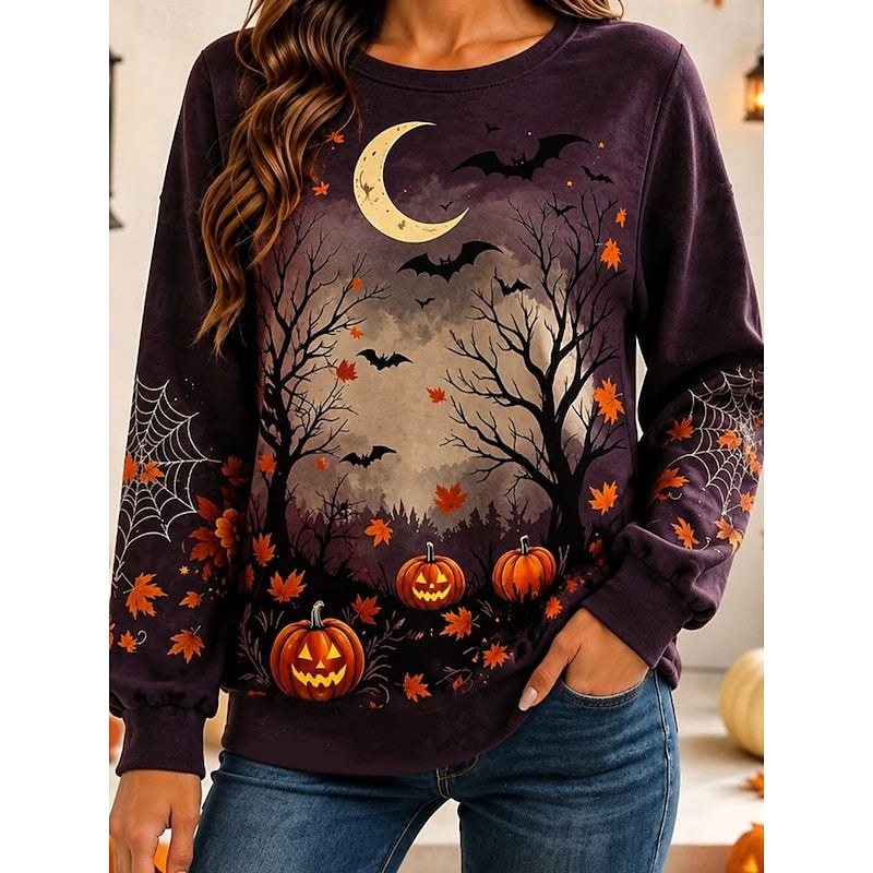 Kayla | Women's Moonlit Pumpkin Graphic Sweatshirt, Relaxed Crew Neck Sweater | The Dress Cellar | Purple