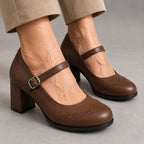 Kennedy | Women's Brogue Block Heel Mary Jane Shoes - Brown
