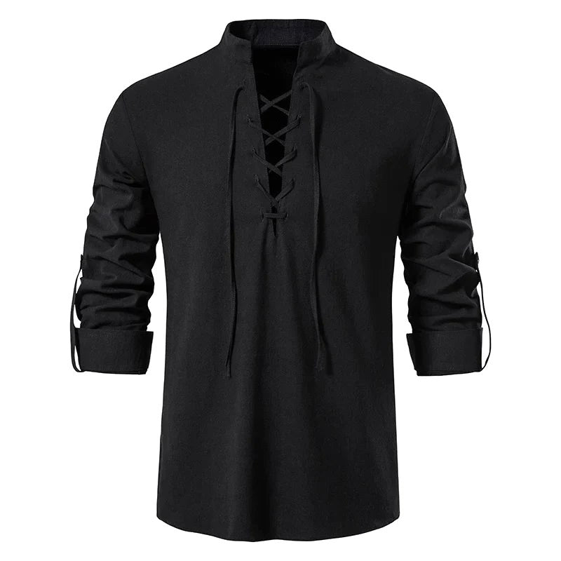 Conrad | Men's Linen Shirt with Neck-Tie Detail, Boho Linen Shirt | The Dress Cellar