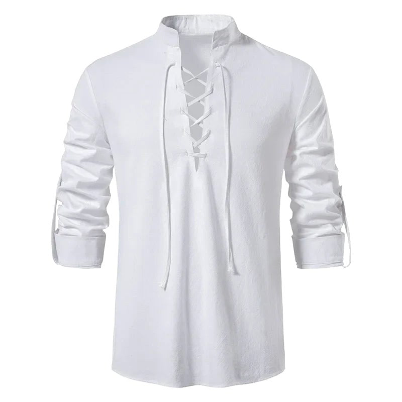 Conrad | Men's Linen Shirt with Neck-Tie Detail, Boho Linen Shirt | The Dress Cellar