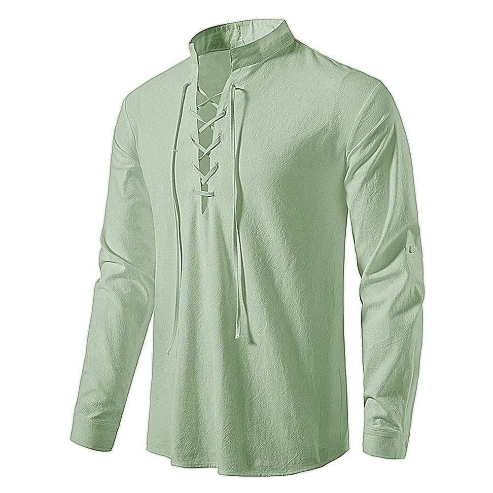 Conrad | Men's Linen Shirt with Neck-Tie Detail, Boho Linen Shirt | The Dress Cellar