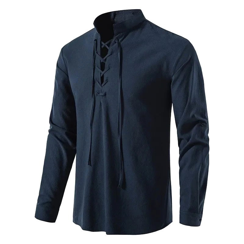 Conrad | Men's Linen Shirt with Neck-Tie Detail, Boho Linen Shirt | The Dress Cellar