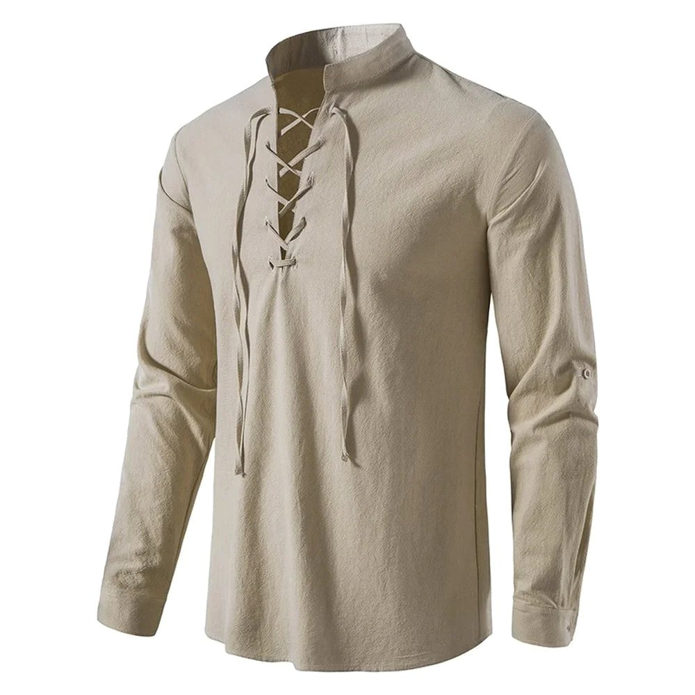 Conrad | Men's Linen Shirt with Neck-Tie Detail, Boho Linen Shirt | The Dress Cellar