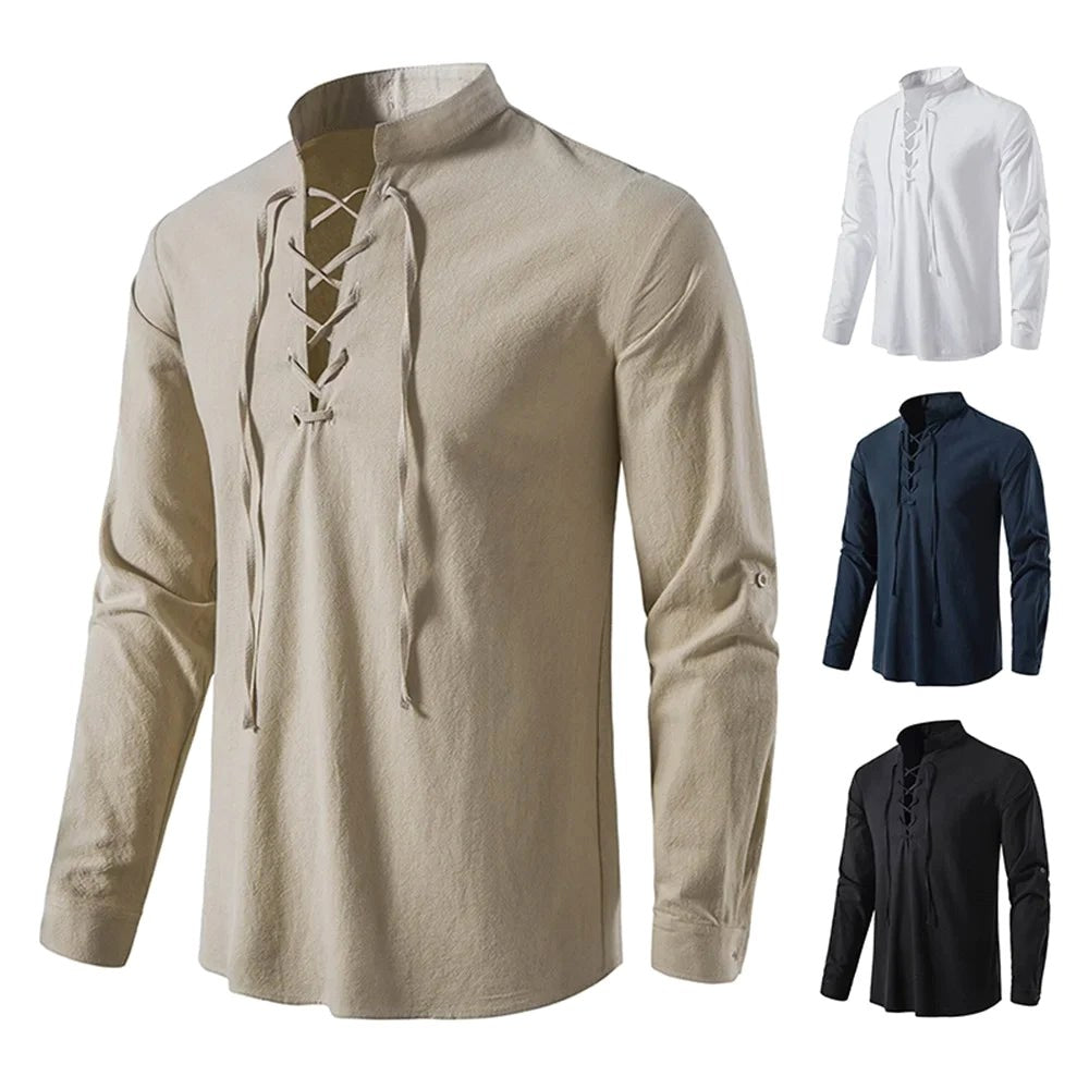 Conrad | Men's Linen Shirt with Neck-Tie Detail, Boho Linen Shirt | The Dress Cellar