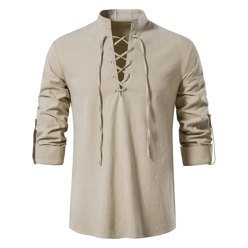 Conrad | Men's Linen Shirt with Neck-Tie Detail, Boho Linen Shirt | The Dress Cellar