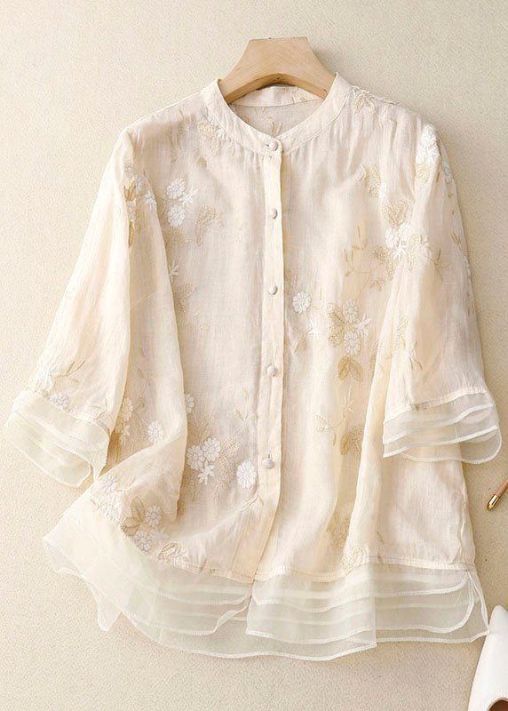 Kristen | Women's Chic Floral Embroidered Blouse - Beige