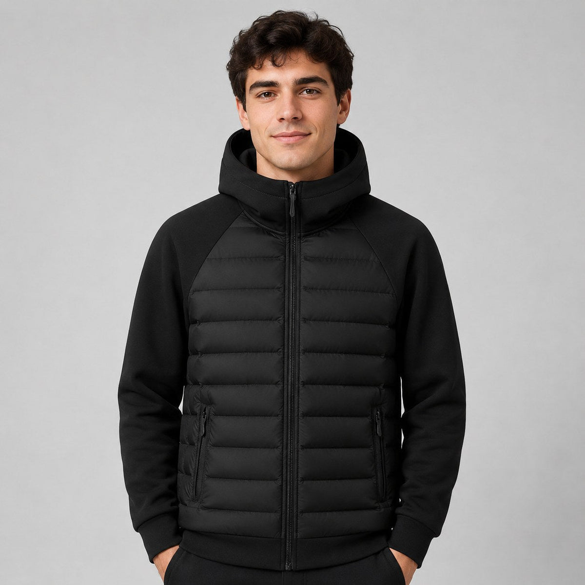 Kyle | Men's Hooded Down Jacket with Quilted Panels, Insulated Autumn Coat | The Dress Cellar | Black