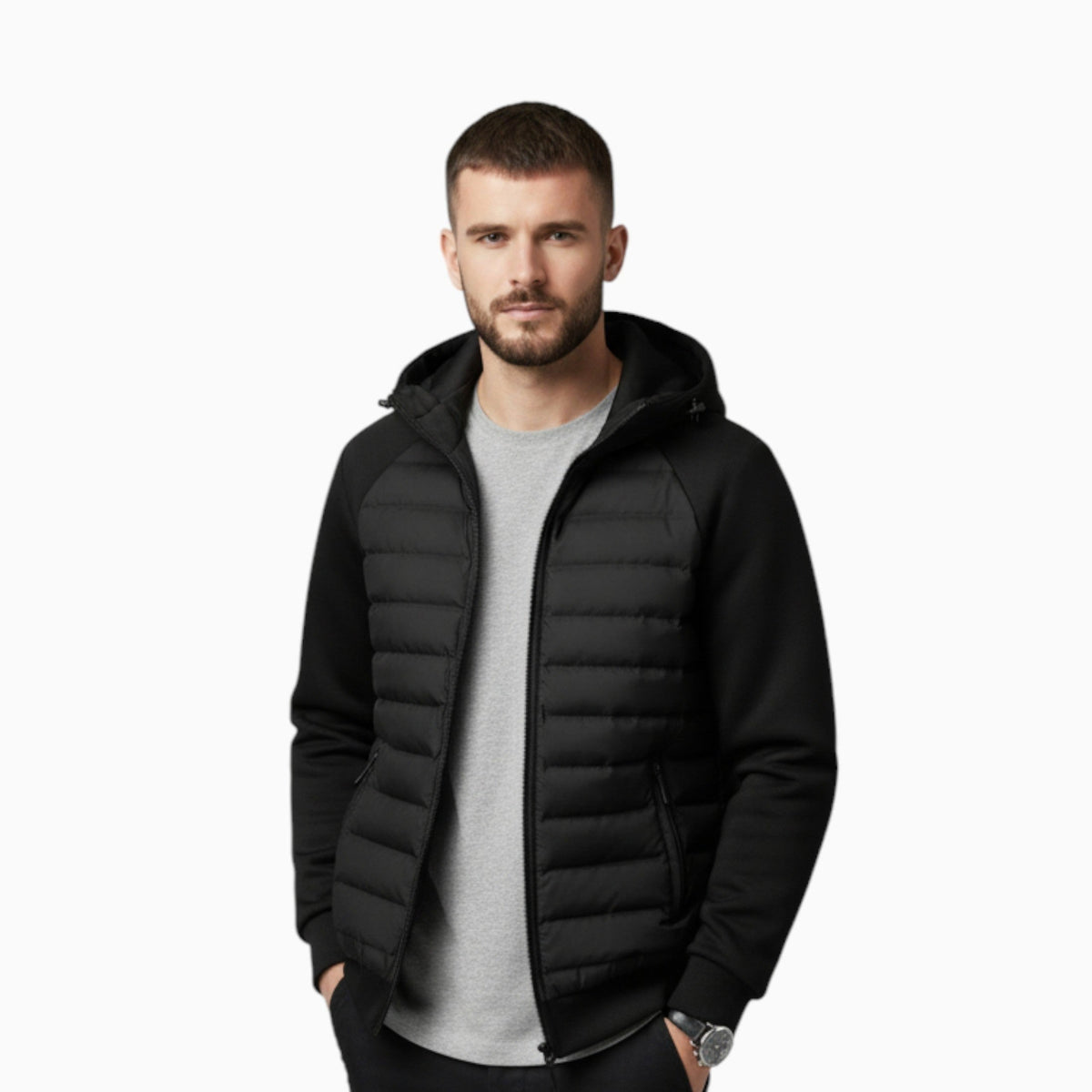 Kyle | Men's Hooded Down Jacket with Quilted Panels, Insulated Autumn Coat | The Dress Cellar