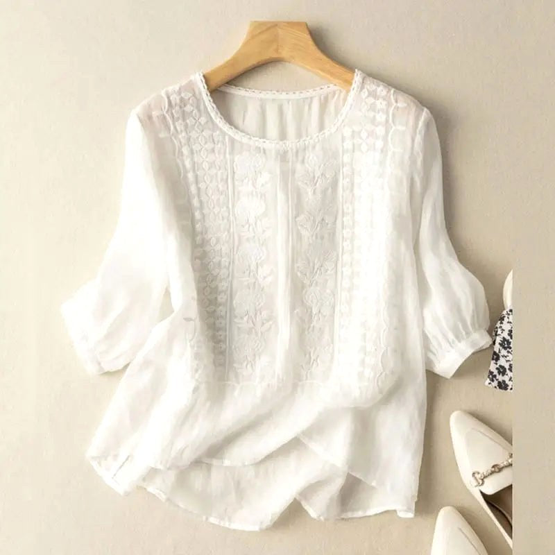 Lauren | Women's Floral Relaxed Blouse - White