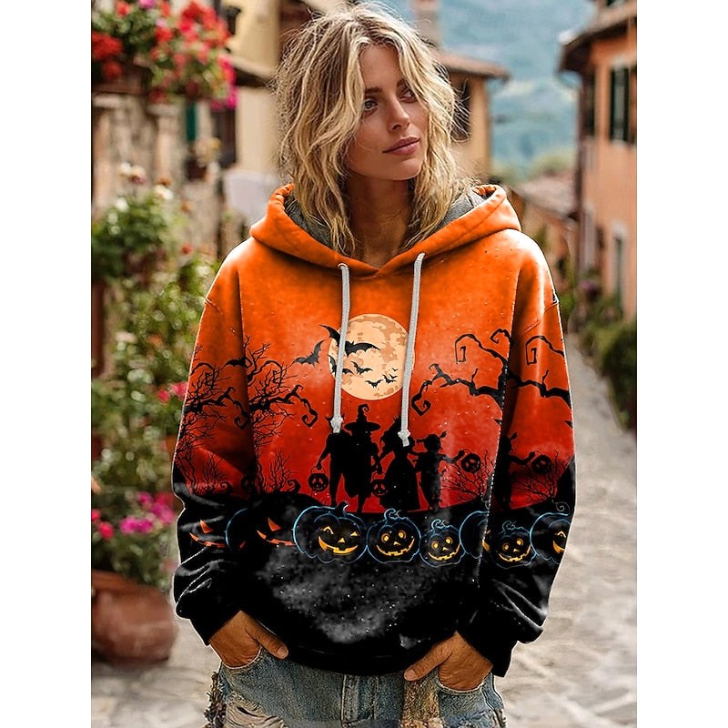 Lauren | Women's Skull Graphic Hoodie, Relaxed Fit Halloween Sweatshirt | The Dress Cellar | Orange