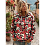 Lauren | Women's Skull Graphic Hoodie, Relaxed Fit Halloween Sweatshirt | The Dress Cellar | Red