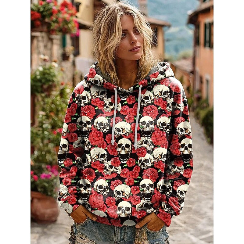 Lauren | Women's Skull Graphic Hoodie, Relaxed Fit Halloween Sweatshirt | The Dress Cellar | Red