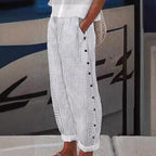 Lauren | Women's Striped Button-Accent Pants - Off White