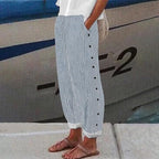 Lauren | Women's Striped Button-Accent Pants - Light Blue